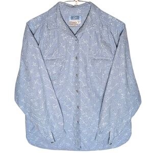 QPS Vintage Chambray Shirt Blue Long Sleeve Medium Embroidered Eyelet Button-Up